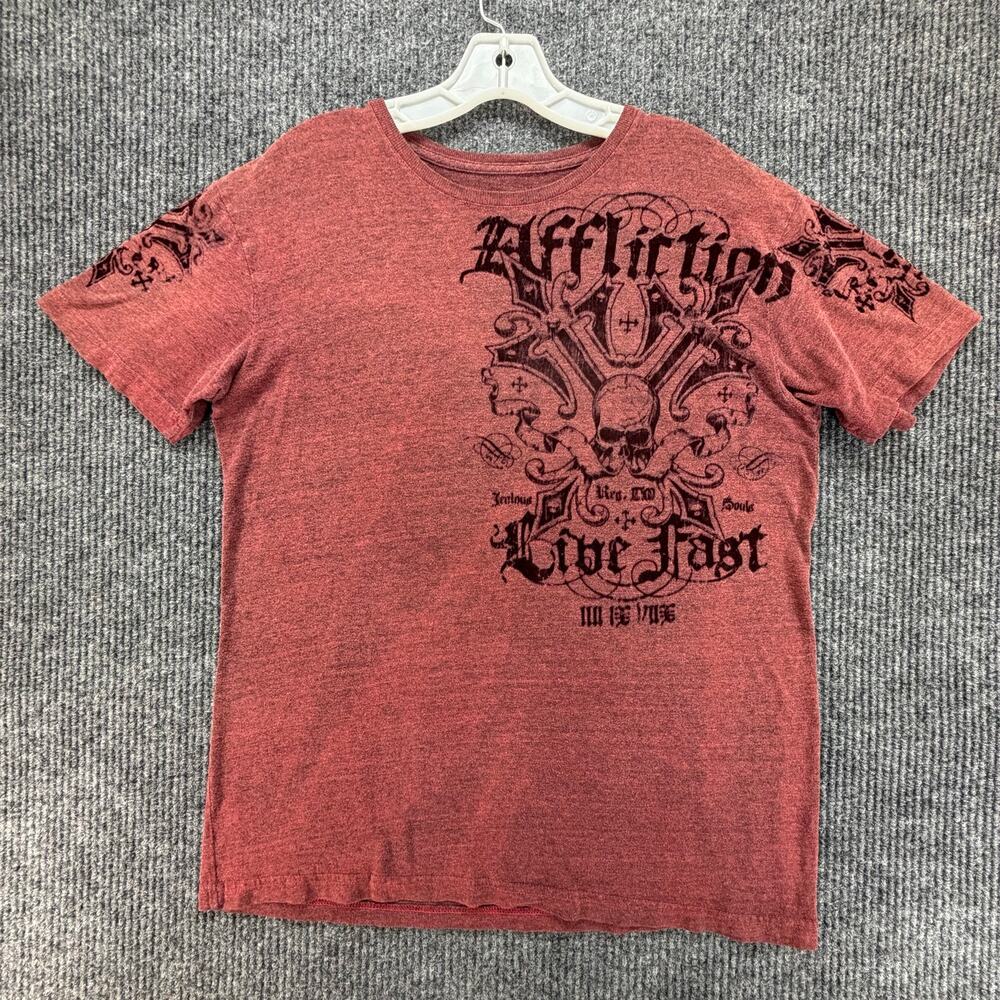 Affliction Live Fast Mens M T Shirt Red Skull Wings Graphic Distressed Y2K